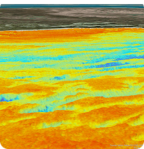 False-color satellite-derived bathymetry map showing seafloor depth gradients in orange, teal, and blue