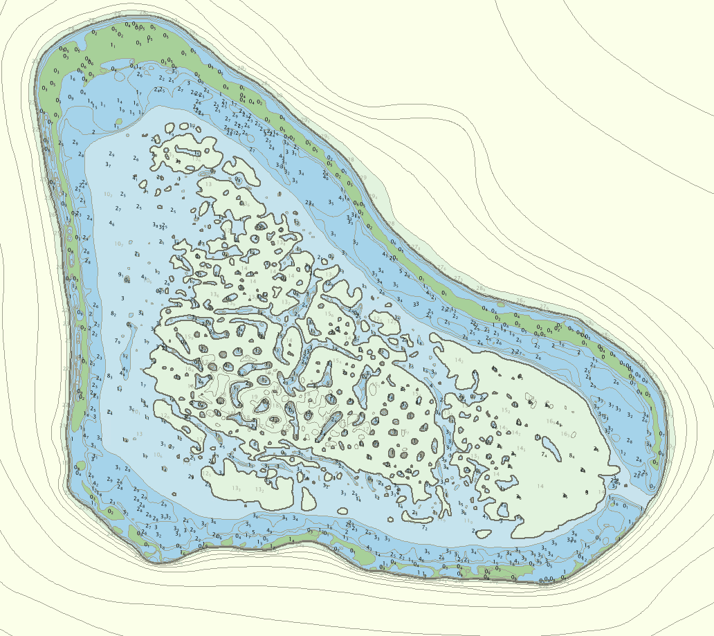 Satellite Reconnaissance Chart of a Pacific atoll showing high-density depth soundings, bathymetric contours, and shallow reef features in blue and green with detailed nearshore coverage