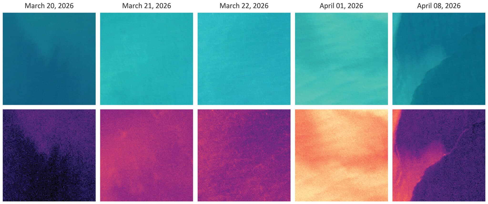 Natural color satellite images (top row) and corresponding Kd490 estimates (bottom row) for a 1 km² monitoring site off the coast of New Zealand. By monitoring a single site over time, users can watch turbidity plumes emerge and disperse in response to rain, winds, and near-shore currents. Image source: Planet Labs.