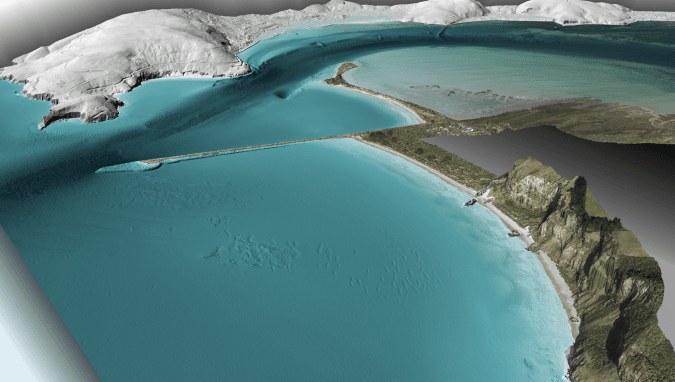 View of Otago Harbour, New Zealand. Topobathymetric model is coloured by elevation, with the foreground coloured by co-acquired aerial imagery. (Image courtesy: Chris Miwa)