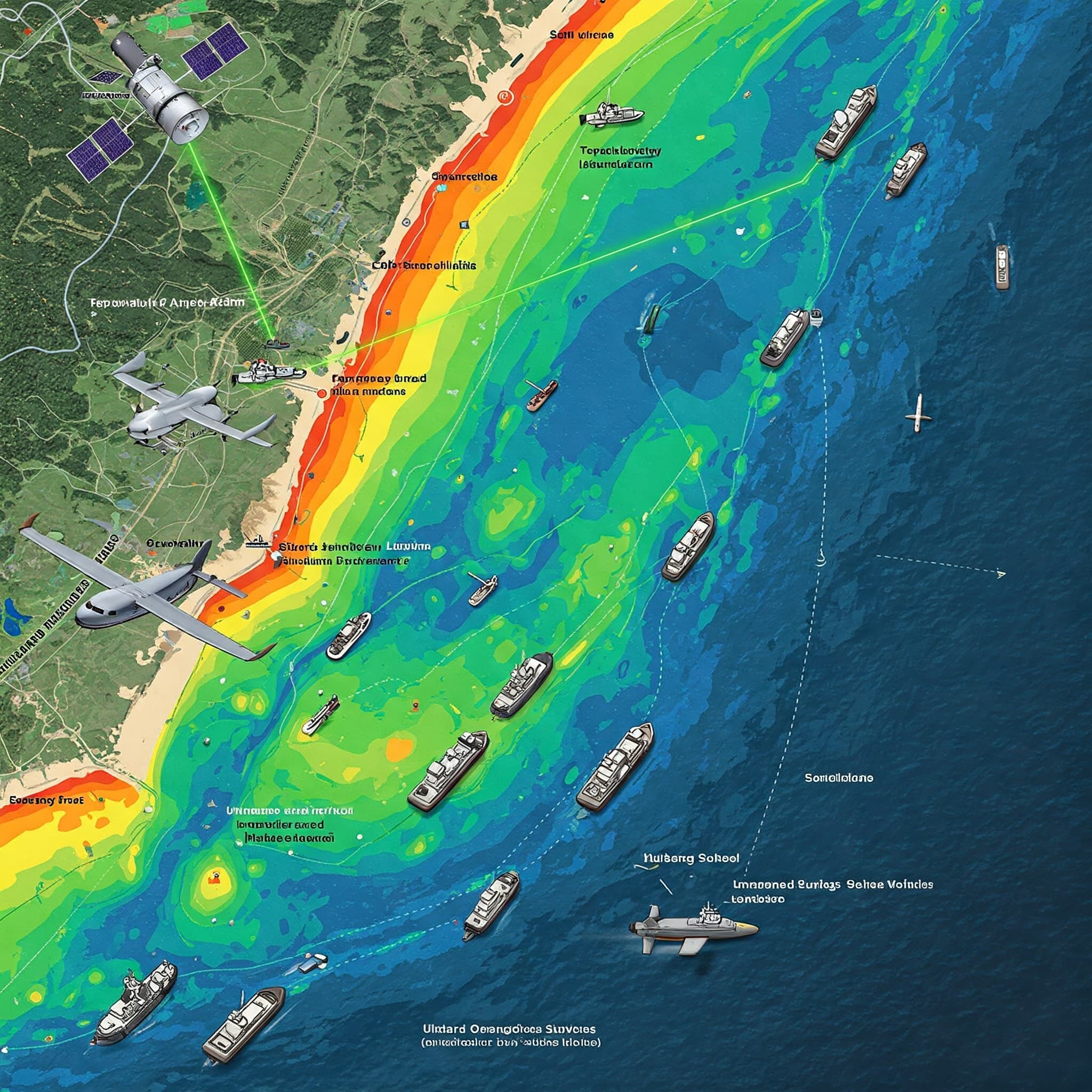 An artificial intelligence perspective on integrated systems for coastal mapping based on prompts from this article on Hydro International content on hydrographic mapping technologies. (AI-generated image by Gemini)
