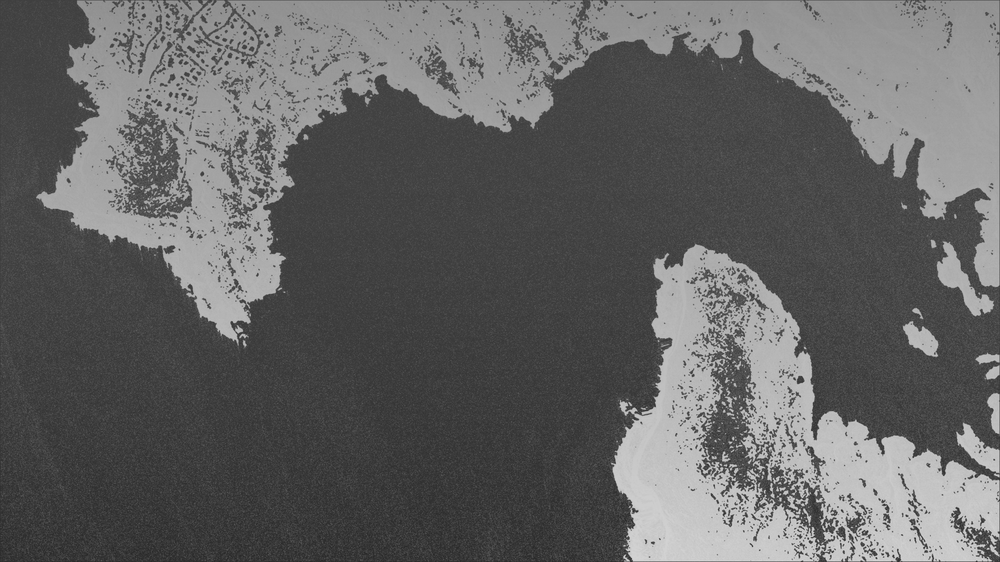 Animated SAR satellite image with teal intertidal zone layer drawing in and out over a black and white coastal radar photo