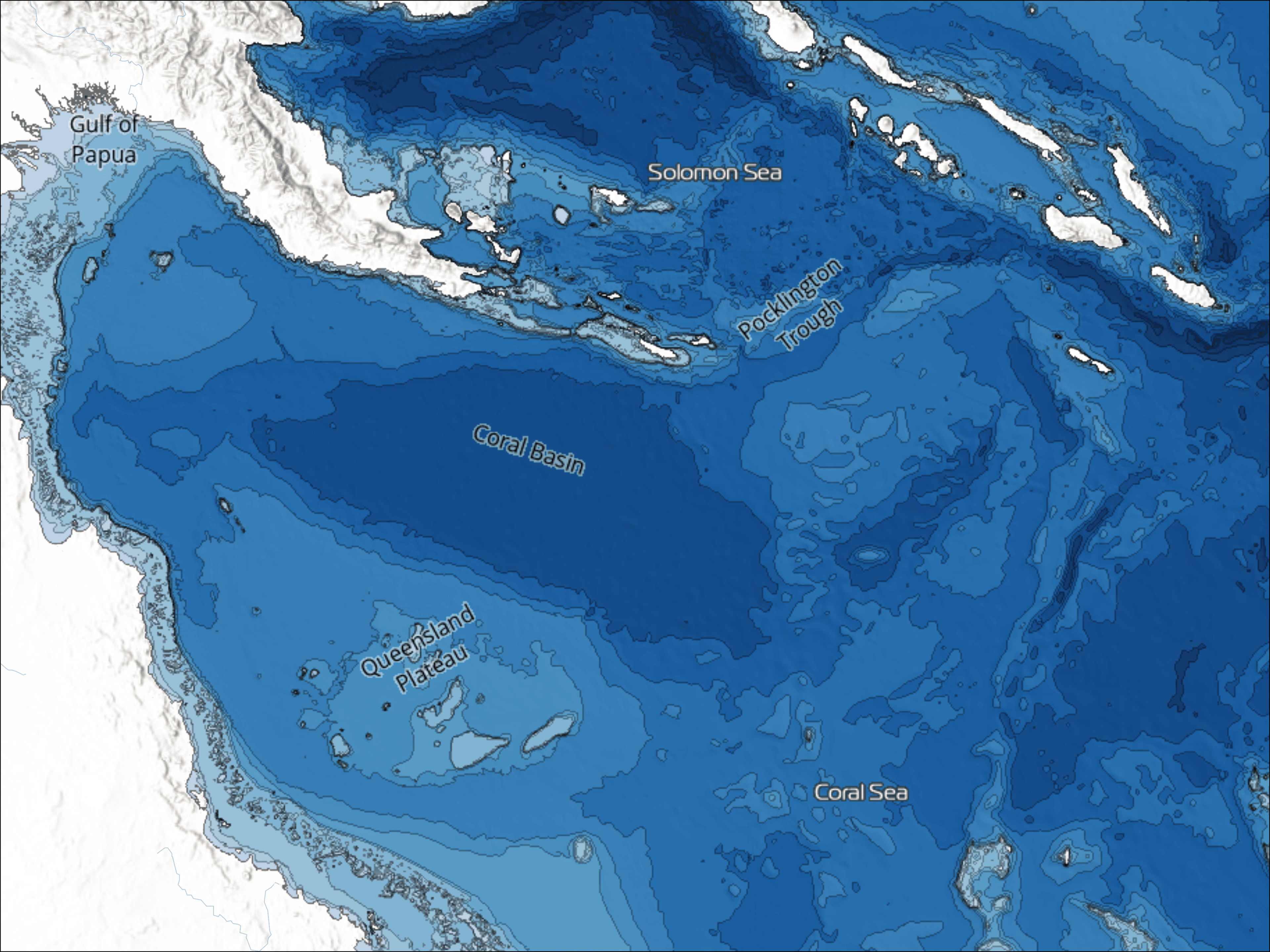 Labeled marine basemap of the Coral Sea region showing named seafloor features including the Coral Basin, Queensland Plateau, Pocklington Trough, and Solomon Sea with blue depth gradient