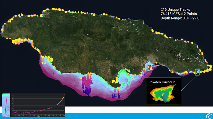 Satellite-derived bathymetry map of Jamaica showing 216 ICESat-2 track coverage with 76,415 depth points ranging 0.01 to 29 meters, with depth color gradient and Bowden Harbour inset
